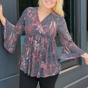 Pink Floral & Black and White Striped Blouse- Sm, Med, 3X